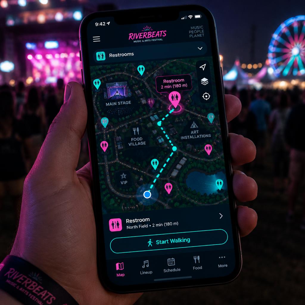 Gottago app showing restroom pins on a festival map