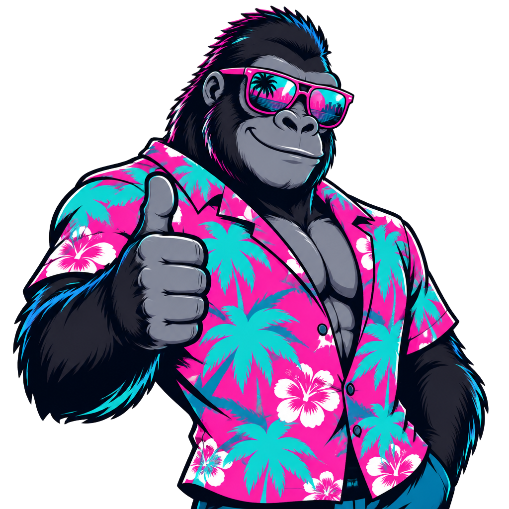 Party Poopers gorilla mascot in a Hawaiian shirt giving a thumbs up