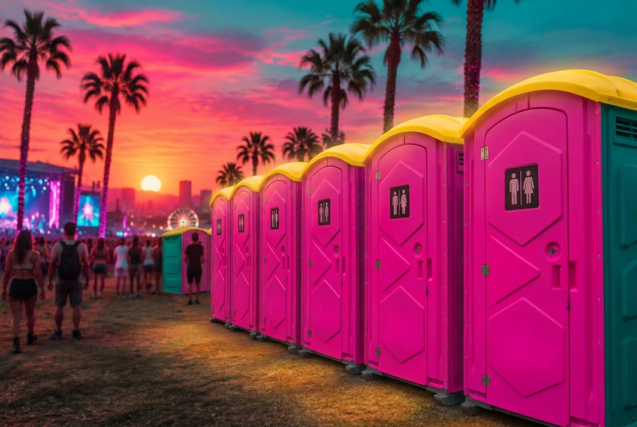 Pink and teal Party Poopers restrooms with yellow roofs and solar lights at a sunset festival